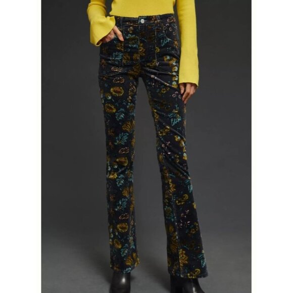 Pilcro The Icon Low Rise Flare Corduroy Pants Floral Black Size 30 Boho Retro - Picture 1 of 13